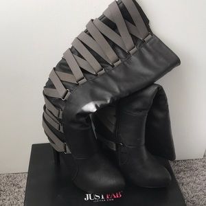 Just Fab Knee High Booties with Grey Strap Detail